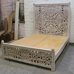 Dynasty Hand Carved Indian Wooden Kerri Bed Frame Grey