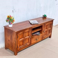 Indian Handmade Carved Solid Hard Wood Tv Unit with Drawers Brown 150x42x60Cm