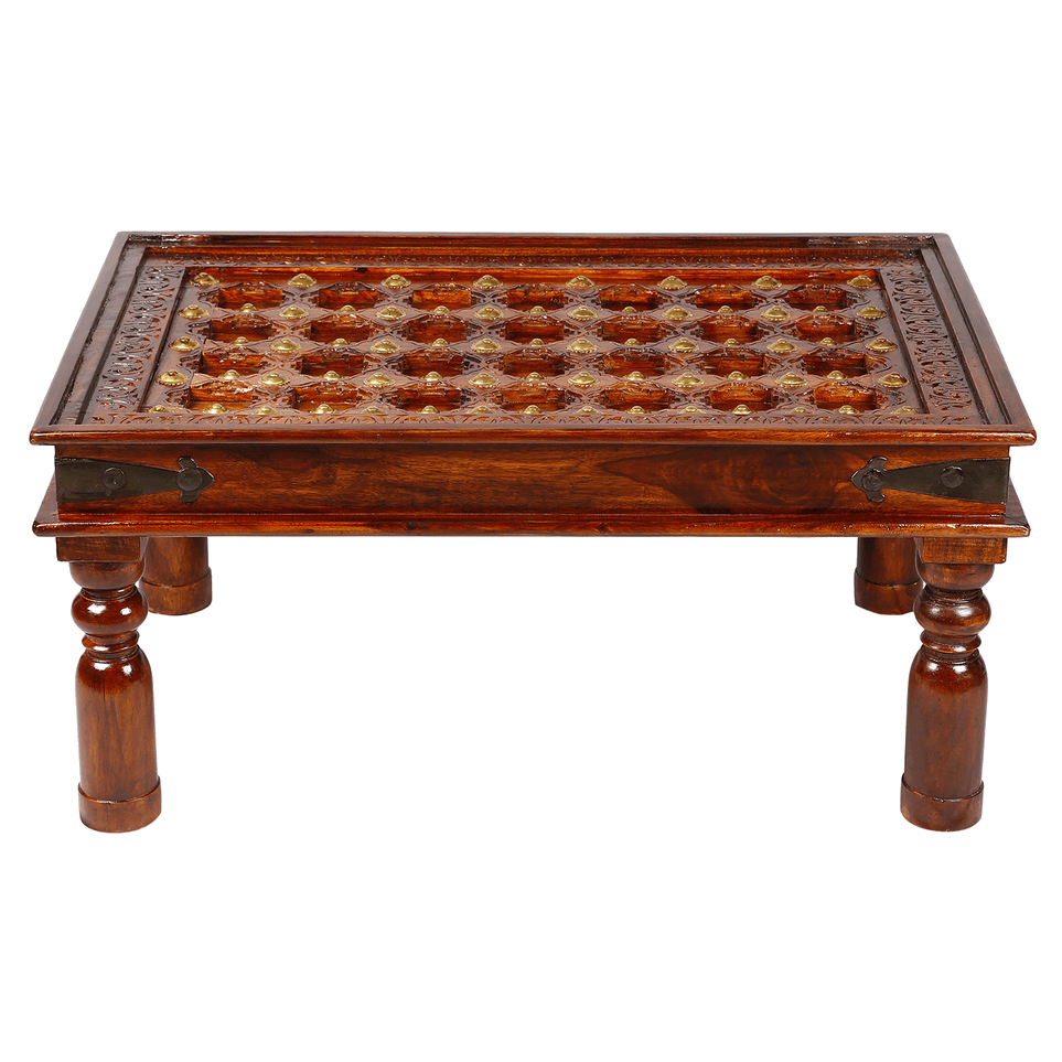 Mogra Antique Brass Work Coffee Table With Brass Work And Glass Top