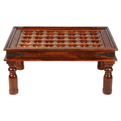 Mogra Antique Brass Work Coffee Table With Brass Work And Glass Top