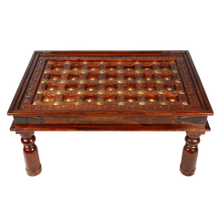 Mogra Antique Brass Work Coffee Table With Brass Work And Glass Top