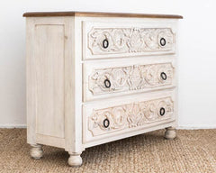 The Gileteen Chest of Drawers with 3 Drawers Grey Carved Flower Mango Wood Solid,Hand Carved Drawers