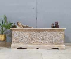 Indian Handmade Carved Wooden Trunk Blanket Box Natural Top Rustic White 115x40x45Cm