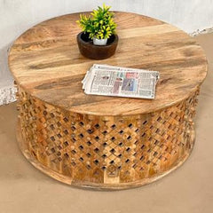 Bristol Hand Carved Indian Mango Wood Round Coffee Table Brown 45x90x90Cm