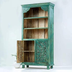 Carved Oasis Hand Carved Solid Mango Wood Bookshelf With Cabinet