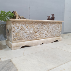 Indian Handmade Carved Wooden Trunk Blanket Box Natural Top Rustic White 115x40x45Cm