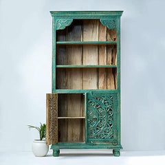 Carved Oasis Hand Carved Solid Mango Wood Bookshelf With Cabinet