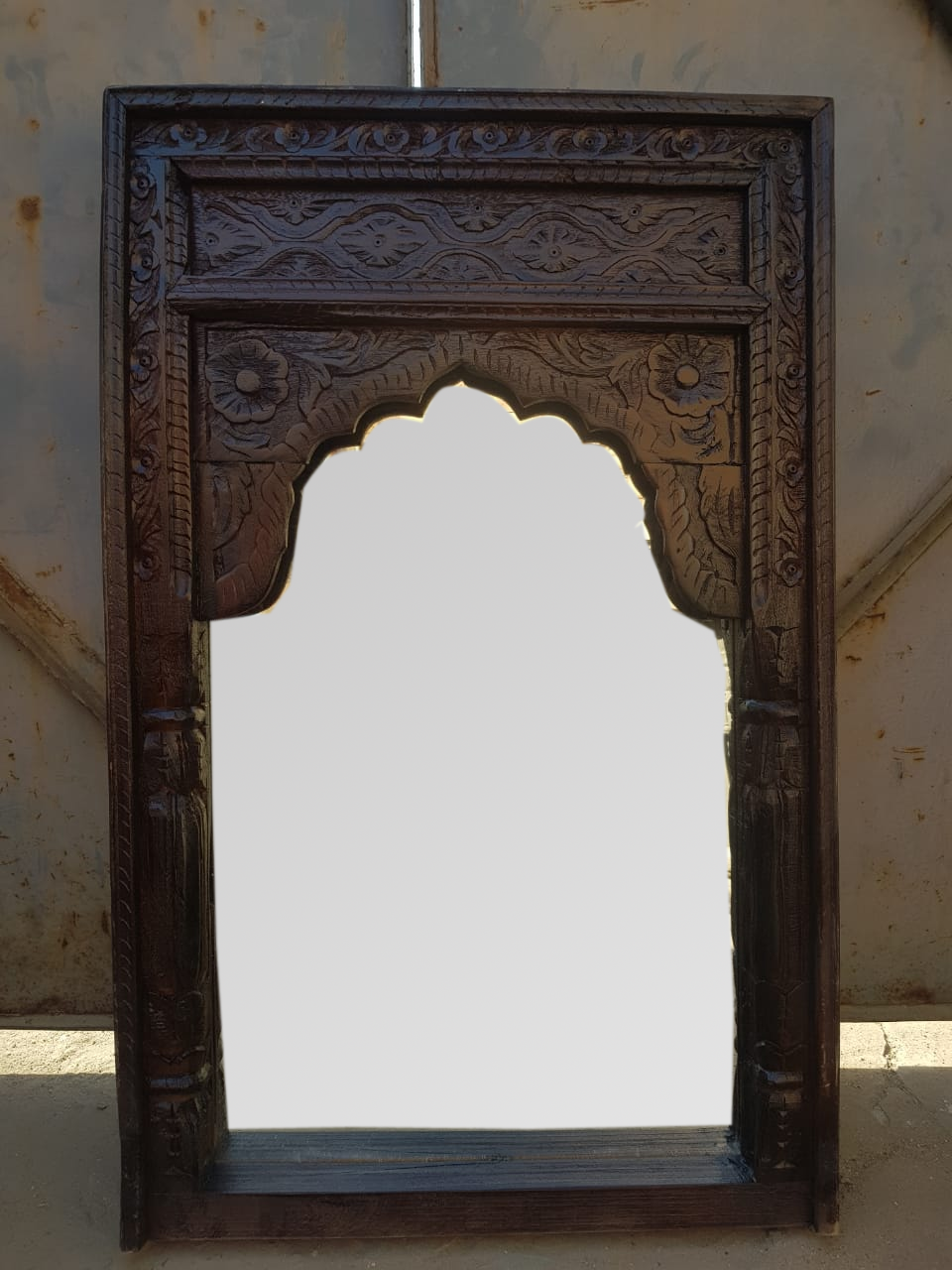 Mehrab Style Hand Carved Indian Wooden Mirror Frame Brown 75 x 120 cm