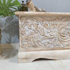 Indian Handmade Carved Wooden Trunk Blanket Box Natural Top Rustic White 115x40x45Cm