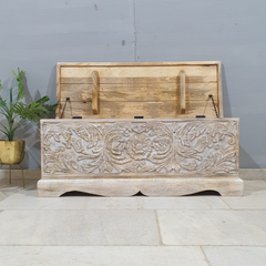 Indian Handmade Carved Wooden Trunk Blanket Box Natural Top Rustic White 115x40x45Cm