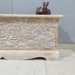 Indian Handmade Carved Wooden Trunk Blanket Box Natural Top Rustic White 115x40x45Cm