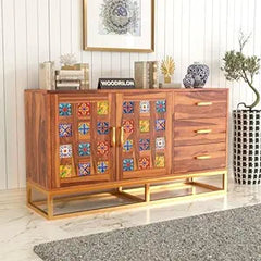 Moroccan Mosaic Handmade Mango Wood 3 Drawers and 2 Doors Sideboard In Honey Finish