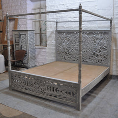 Dynasty Carved Panel 4 Poster Bed King 183 x 203 cm Rustic Gray