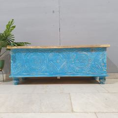 Indian Handmade Carved Wooden Trunk Blanket Box All Blue With Natural Top 115x40x45Cm