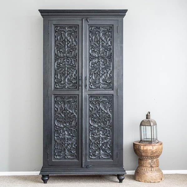 The Gileteen Handmade Solid Hard Wood Floral Carving Cupboard Cabinet Dark Grey