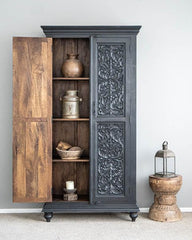 The Gileteen Handmade Solid Hard Wood Floral Carving Cupboard Cabinet Dark Grey