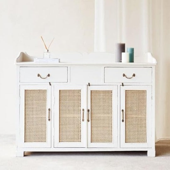 The Gileteen Handmade Mango Wood Sideboard with Rattan Cabinet in White