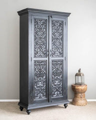 The Gileteen Handmade Solid Hard Wood Floral Carving Cupboard Cabinet Dark Grey