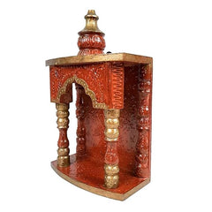 Handmade Indian Home Decor Mango Wood Temple Pooja Stand/Unit Wall Hanging with Detachable Gumbad