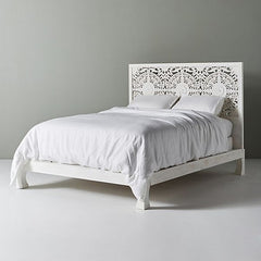 Dynasty Low Line Hand Carved Indian Wooden Bed Frame White