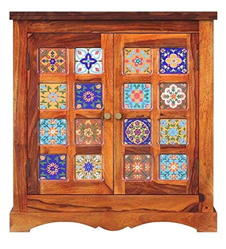 Moroccan Mosaic Handmade Mango Wood 2 Door Cabinet Sideboard In Honey Finish