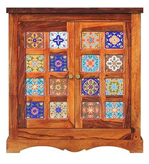 Moroccan Mosaic Handmade Mango Wood 2 Door Cabinet Sideboard In Honey Finish