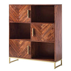 Gfine Bookshelf and cabinet with three doors made of solid acacia wood and iron 115x40x142Cm