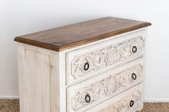 The Gileteen Chest of Drawers with 3 Drawers Grey Carved Flower Mango Wood Solid,Hand Carved Drawers