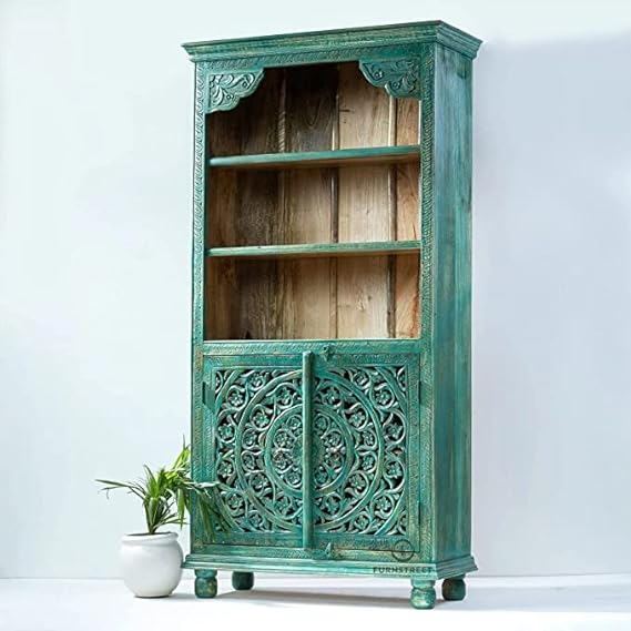 Carved Oasis Hand Carved Solid Mango Wood Bookshelf With Cabinet