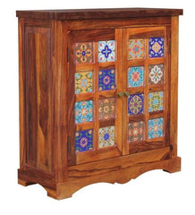 Moroccan Mosaic Handmade Mango Wood 2 Door Cabinet Sideboard In Honey Finish