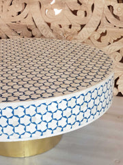 Indian Real Bone Inlay Round Handmade Coffee Table White & Blue 90 x 90 x 40 cm