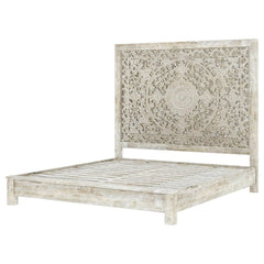 Dynasty Hand Carved Indian Solid Wood Platform Bed With Moroccan Style Headboard