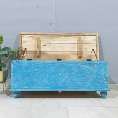 Indian Handmade Carved Wooden Trunk Blanket Box All Blue With Natural Top 115x40x45Cm