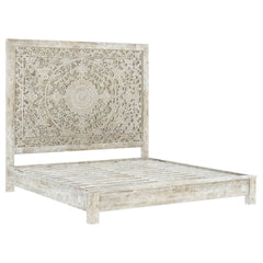 Dynasty Hand Carved Indian Solid Wood Platform Bed With Moroccan Style Headboard