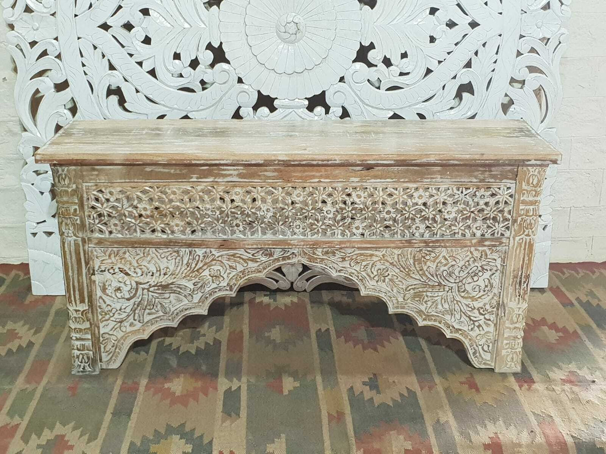 Mehrab Hand Carved Indian Solid Wood Console Hall Table Whitewash