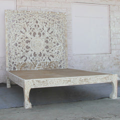 Dynasty Carved Panel 4 Poster Bed 153x203 cm Rustic White