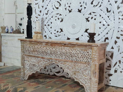 Mehrab Hand Carved Indian Solid Wood Console Hall Table Whitewash