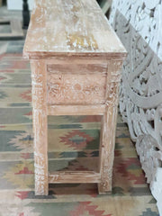 Mehrab Hand Carved Indian Solid Wood Console Hall Table Whitewash