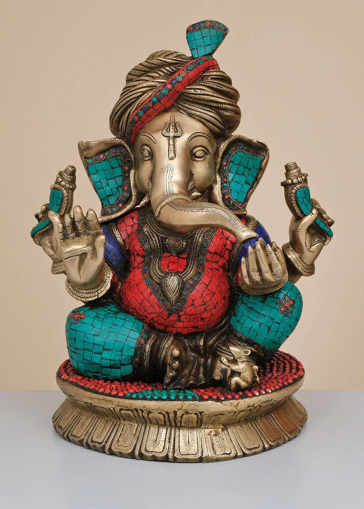 Indian Lord Ganesha Handmade Brass Statue With Inlay Work