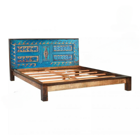 Indian Hand Carved Solid Wood King Sized Bed Blue 103