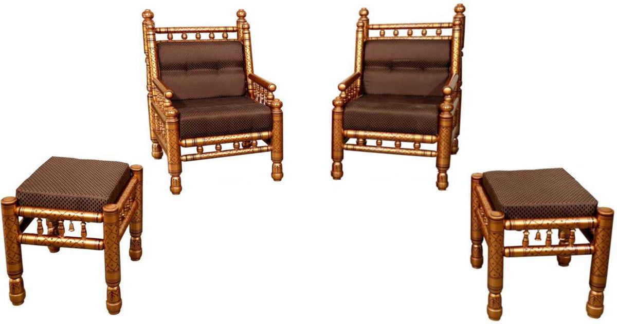 Heritage Indian Hand Carved Painted Chair & Stool Set 4 pcs