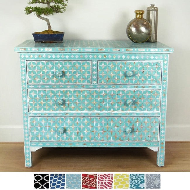 Maaya Bone Inlay Chest of 4 Drawers Blue Mother of Pearl