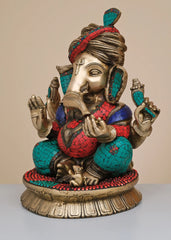 Indian Lord Ganesha Handmade Brass Statue With Inlay Work