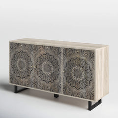Angle Industrial Metal Leg & Wood Carved Sideboard