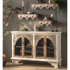 Indian Hand Carved Glass Door Solid Wood Sideboard A2