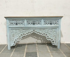 Mehrab Wooden Carved Entryway Console Table (Antique Light Blue)