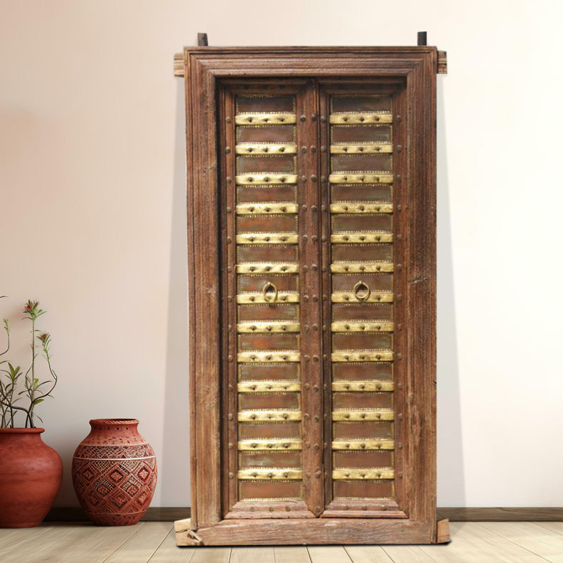Indian Vintage Antique Teak Wood Brass Work Door Panel 34