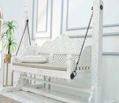 Handmade Indian Furniture Solid Hard Wood Swing Daybed in Whitewash