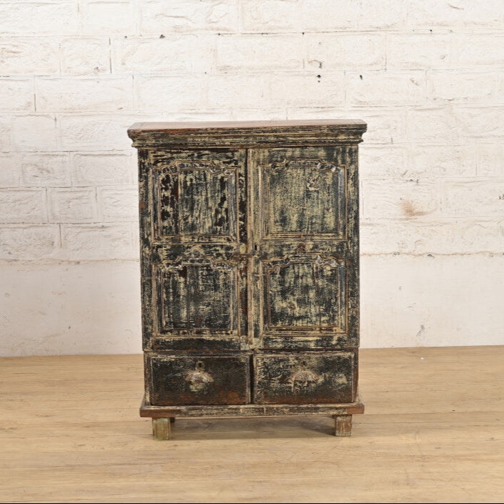 Indian Vintage Solid Wood Hand Carved Rustic Cabinet