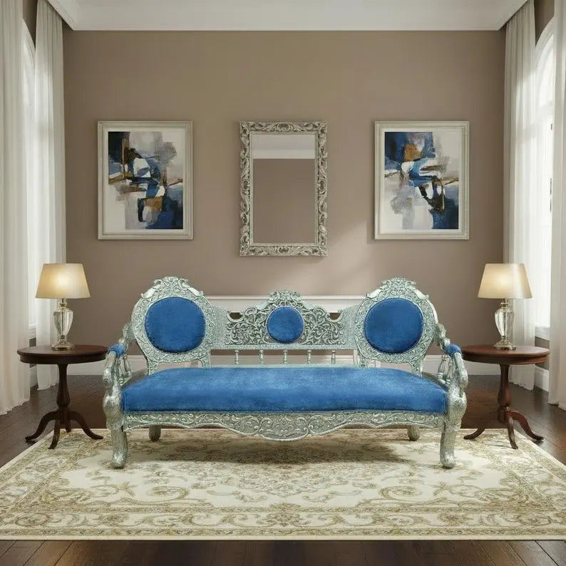 Indian Wooden & Silver Metal Handmade Carved Daybed Sofa D24